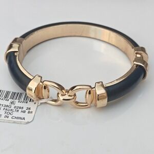 Macys Gold Tone Black Faux Leather Bangle Bracelet Cuff Hinged Minimalist